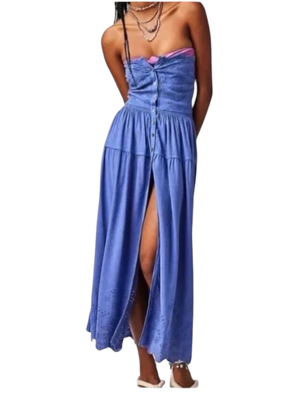 FREE PEOPLE Evelyn Eyelet Midi Dress Periwinkle Blue Size XL Strapless